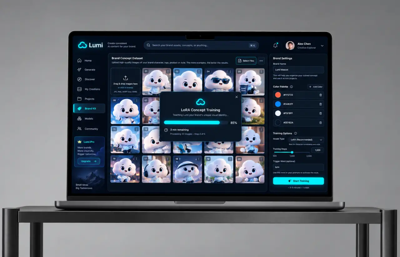 Laptop showing the brand concept dataset with twenty reference images of the mascot and a LoRA Concept Training dialog at 85% with three minutes remaining, beside brand settings with the colour palette, model type, training steps and trigger word