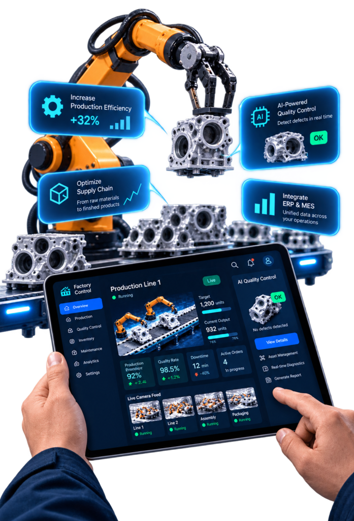 A tablet showing a factory control dashboard, held in front of a robotic arm and machined metal parts on a production line, with callout cards for production efficiency, supply chain, AI quality control and ERP/MES integration.