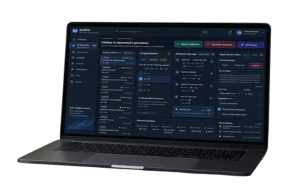 Laptop showing the content platform validating AI-generated explanations: a queue of items pending validation, the original question, the model's step-by-step logic with the final answer, and an expert review panel with an overall assessment, review notes and issue type