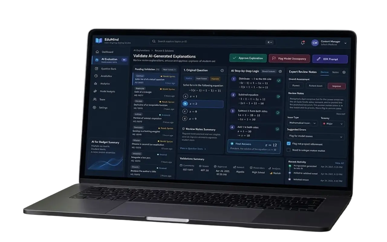 Laptop showing the content platform validating AI-generated explanations: a queue of items pending validation, the original question, the model's step-by-step logic with the final answer, and an expert review panel with an overall assessment, review notes and issue type