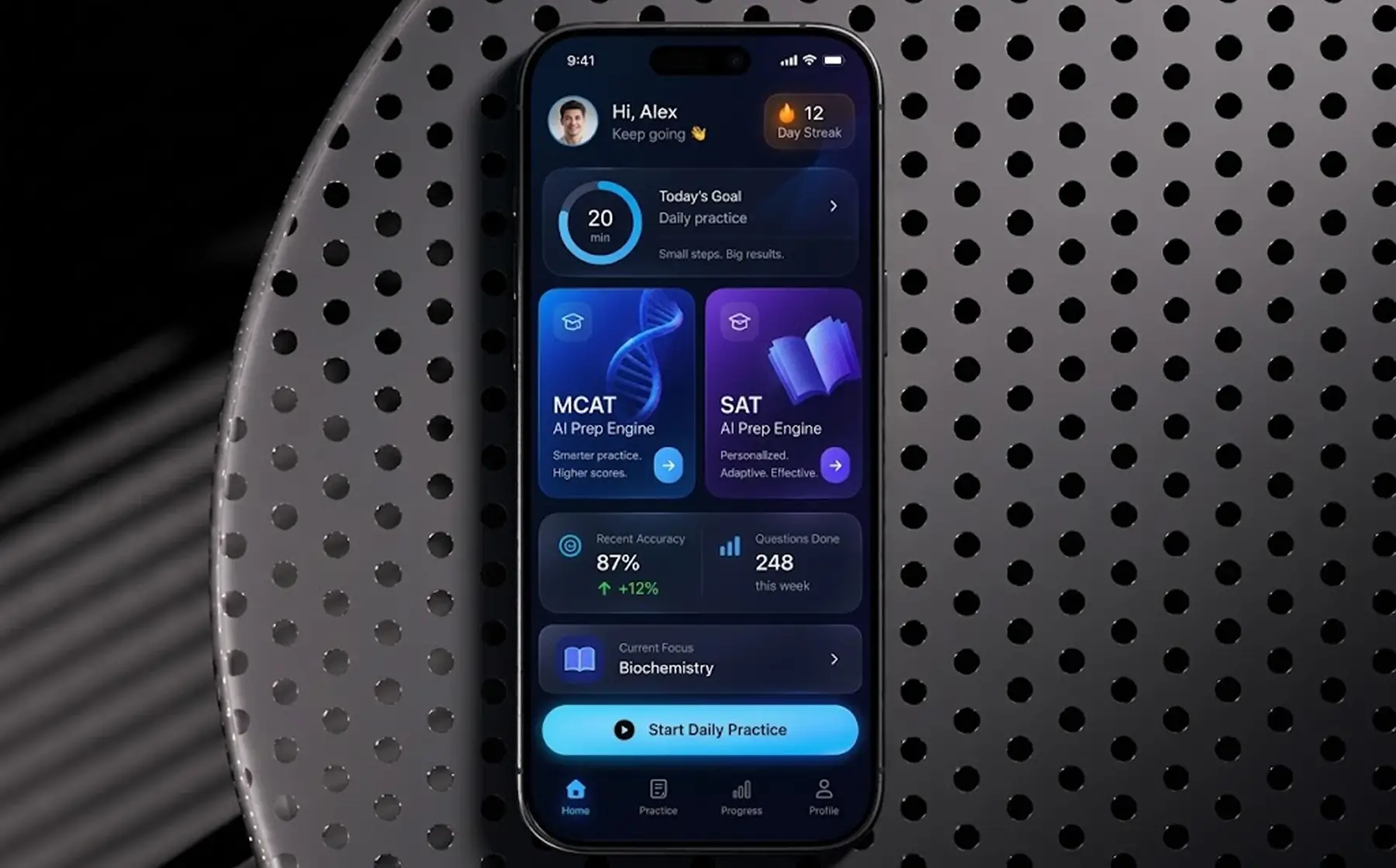 A phone showing the app home: a greeting with a twelve-day streak, today's twenty-minute goal, separate MCAT and SAT AI prep engine cards, recent accuracy of 87% and 248 questions done this week, and a start daily practice button