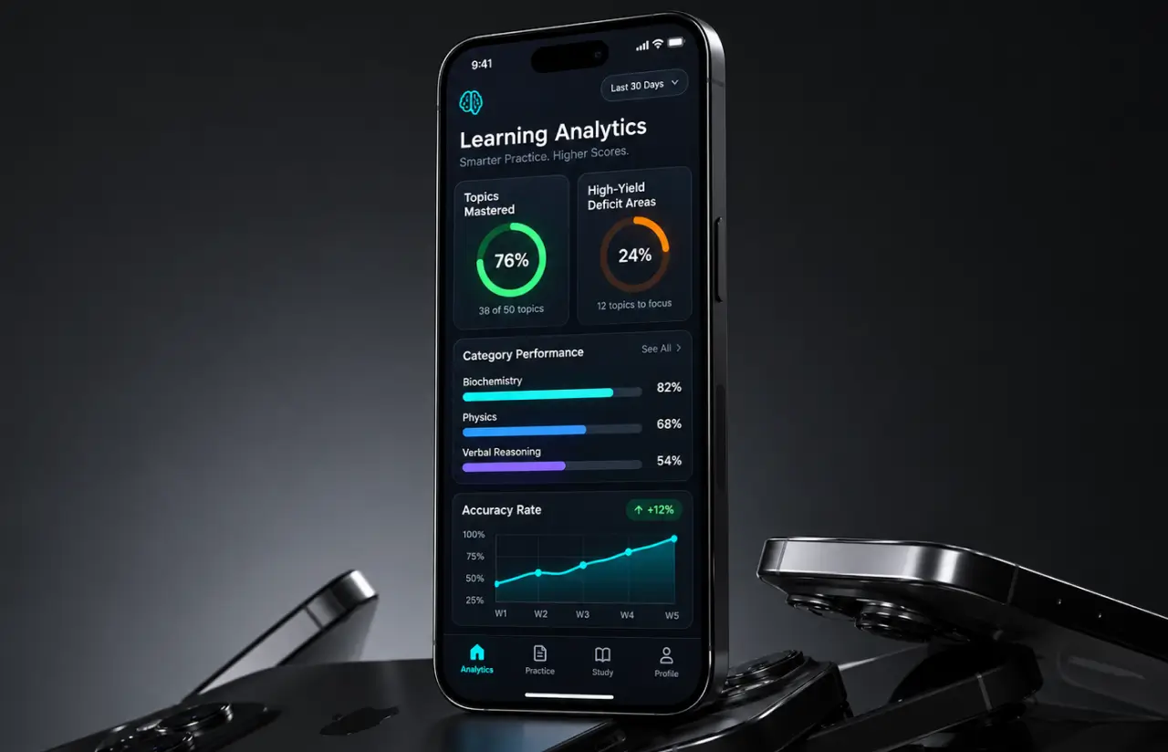 A phone showing learning analytics: 76% of topics mastered, 24% high-yield deficit areas, category performance for biochemistry, physics and verbal reasoning, and an accuracy rate trend rising across five weeks