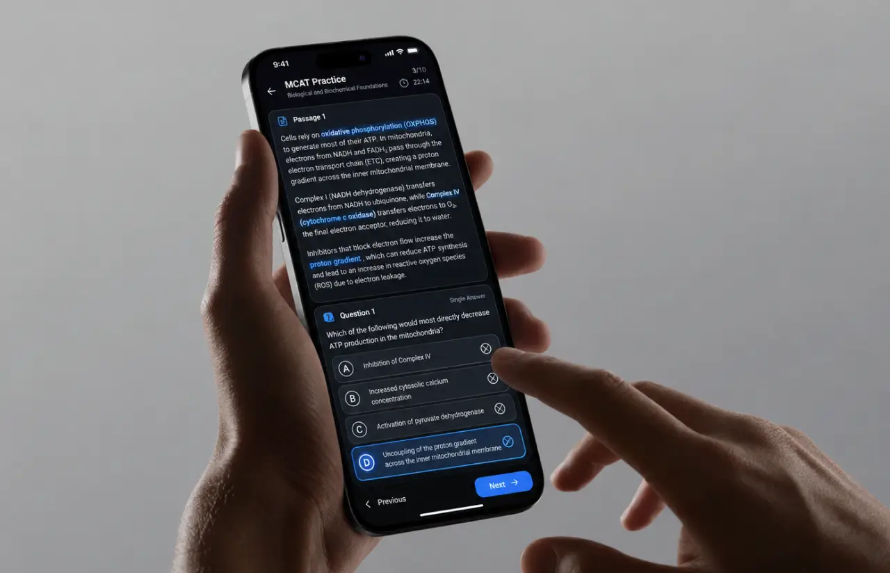 A phone held in two hands showing an MCAT practice item: a biochemistry passage on oxidative phosphorylation with key terms highlighted, then a single-answer question with four options and one selected