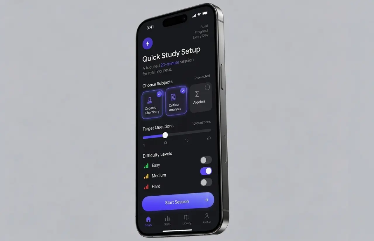 A phone showing the quick study setup: a focused twenty-minute session with organic chemistry and critical analysis selected, a target of ten questions and difficulty levels with medium switched on