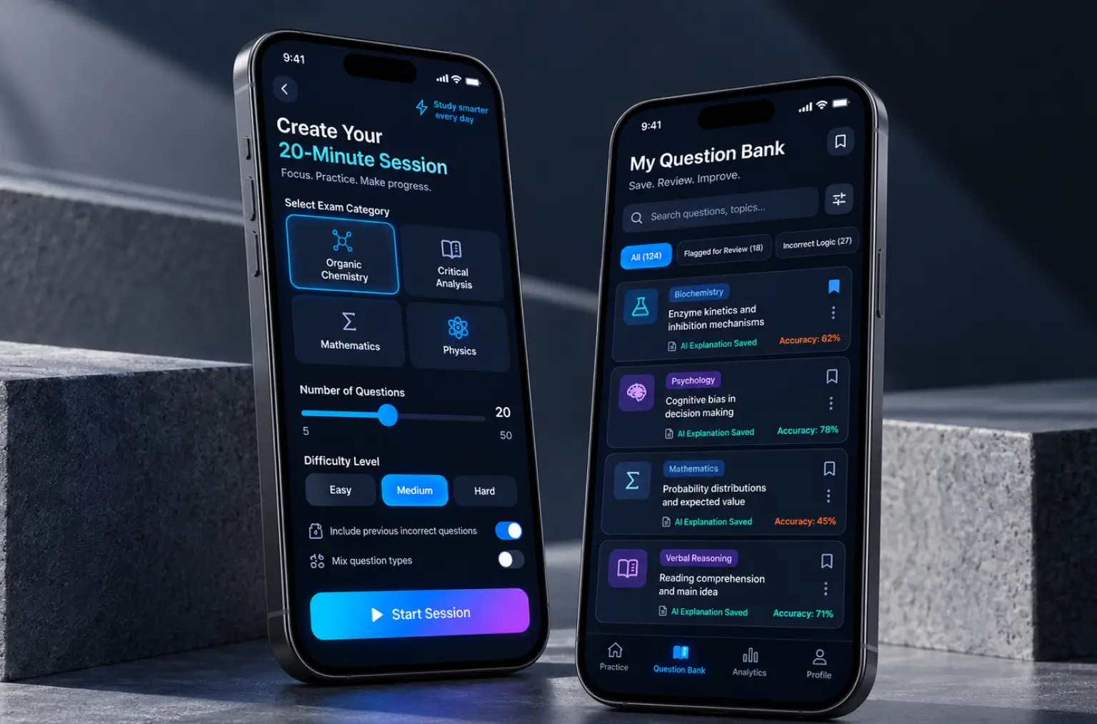 Two phones: a create-your-twenty-minute-session screen with exam category, number of questions and difficulty, next to a saved question bank filtered by flagged for review and incorrect logic, each entry showing its subject, topic and accuracy