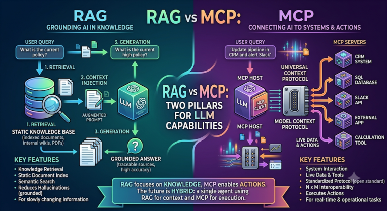 Split infographic comparing RAG and MCP as two pillars for LLM capabilities: RAG grounds AI in knowledge (retrieval, static knowledge base, semantic search) while MCP connects AI to systems and actions (MCP servers for CRM, SQL, Slack, external apps).
