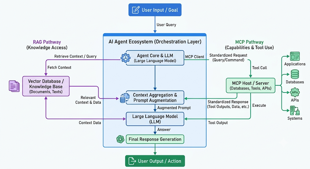 Diagram of how RAG, MCP and AI agents work together: an agent-core LLM in the orchestration layer uses a RAG pathway to a vector knowledge base for context and an MCP pathway to a host/server for tool use across applications, databases, APIs and systems, producing the final output.
