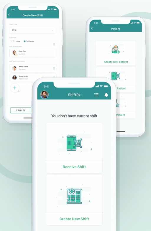 ShiftRx medical shift app screens for creating a new shift, managing patients and receiving a shift