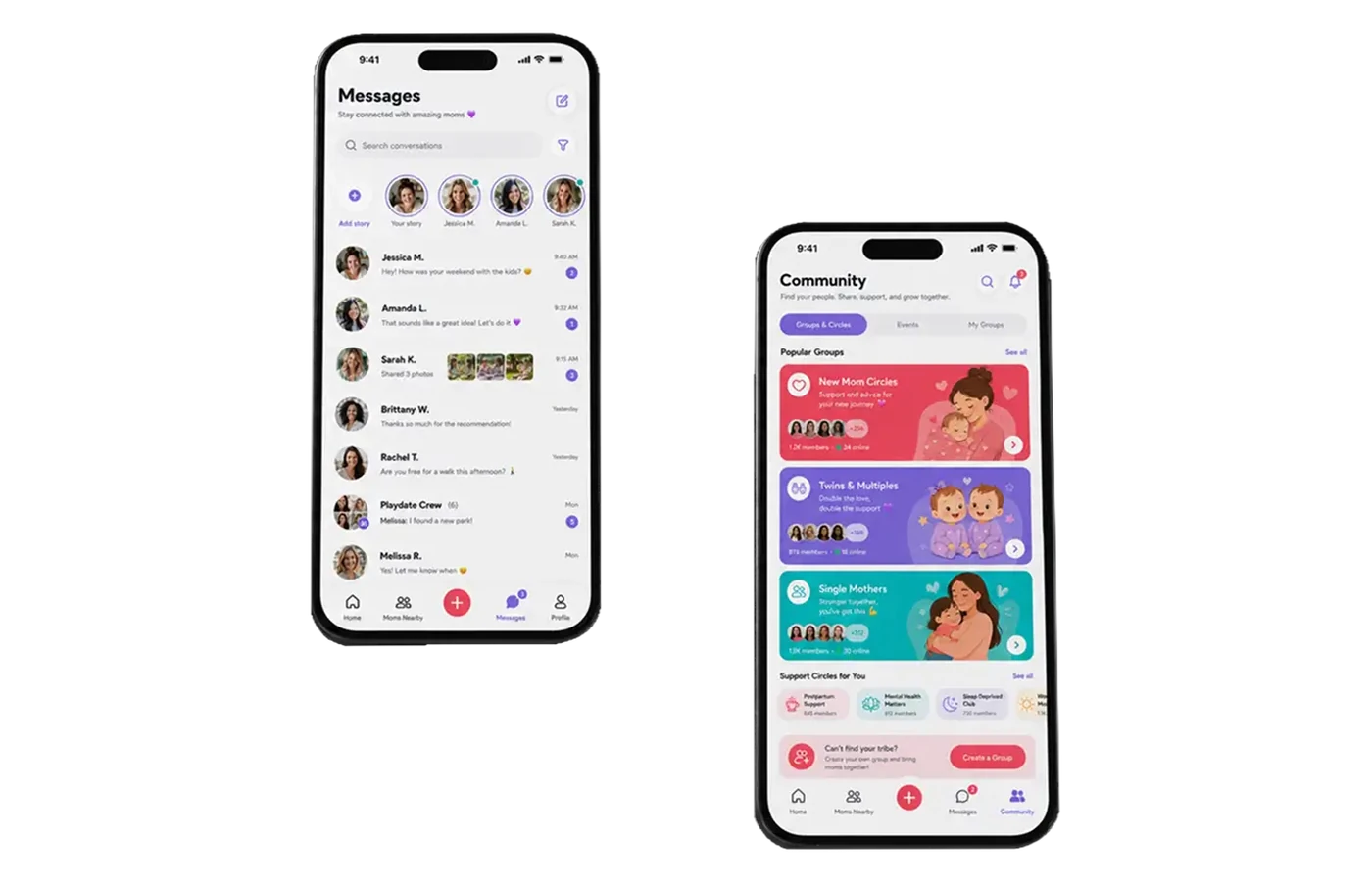 Mom community app messages and groups