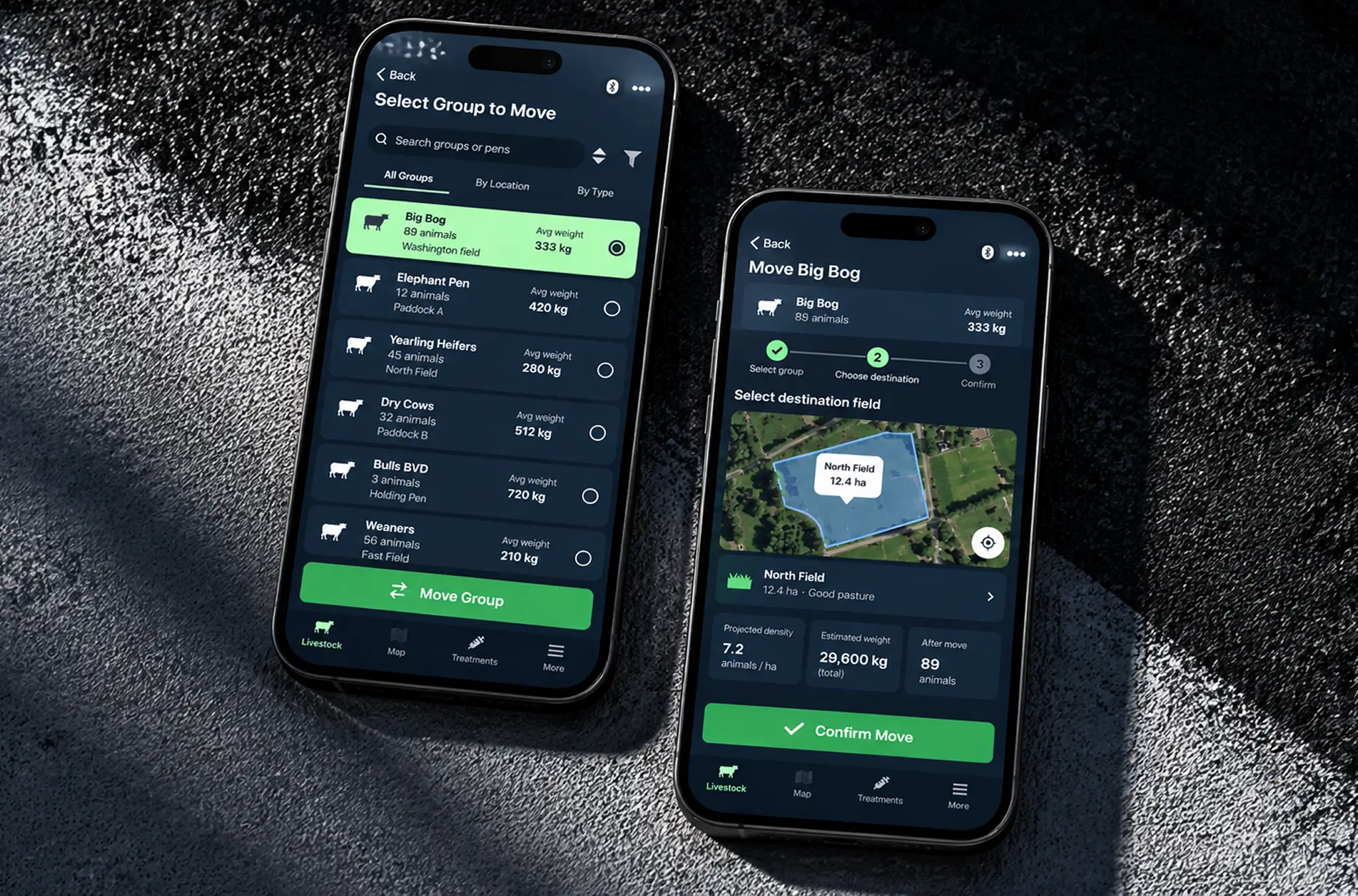 Two phone screens: choosing a group of animals to move, then picking the destination field with its size, projected density and estimated weight after the move