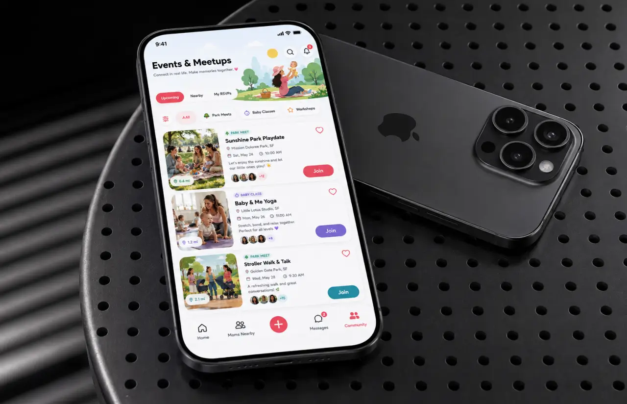 A phone showing Events & Meetups: a Sunshine Park Playdate at Mission Dolores Park, Baby & Me Yoga at a studio, and a Stroller Walk & Talk in Golden Gate Park, each with the date, time, distance and a Join button