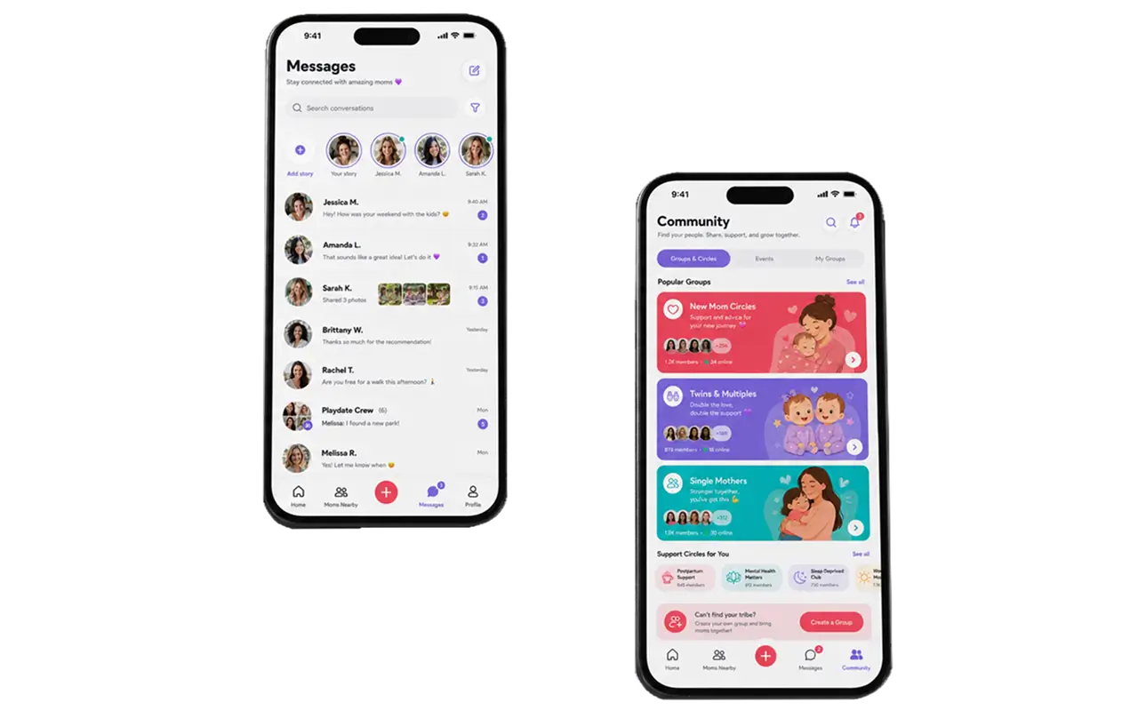 Two phones showing the mom community app: a Messages screen with conversations from Jessica, Amanda, Sarah and a Playdate Crew group, and a Community screen with popular groups — New Mom Circles, Twins & Multiples, Single Mothers — plus support circles for postpartum and mental health
