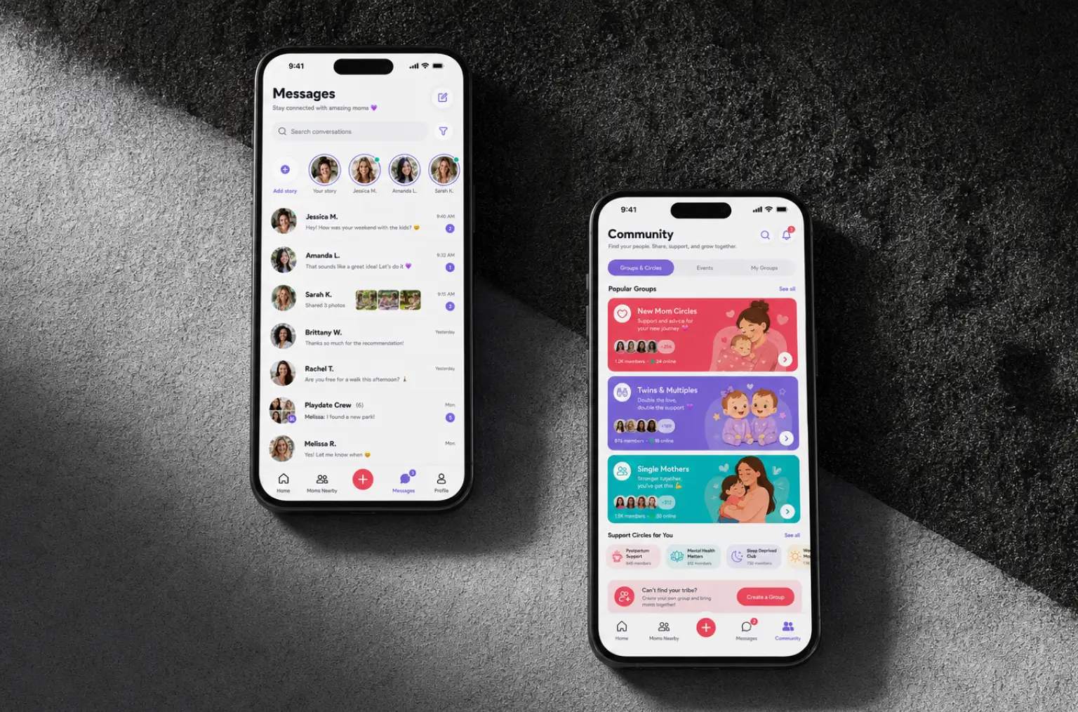 Two phones on a dark textured surface showing the Messages screen with active conversations and shared photos, and the Community screen with New Mom Circles, Twins & Multiples and Single Mothers groups listing member and online counts