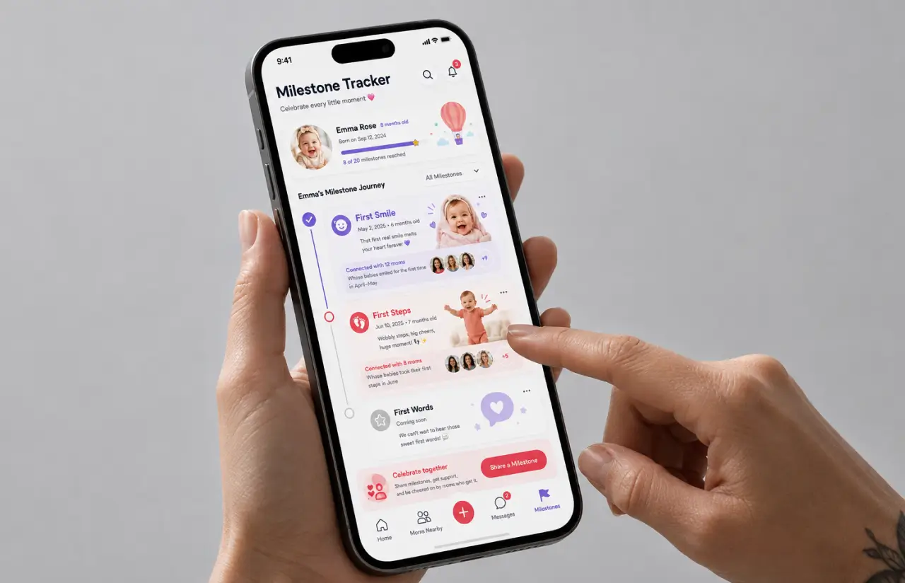 A phone held in two hands showing the Milestone Tracker for a baby called Emma Rose: First Smile and First Steps logged with dates and photos, each one noting the other moms whose babies hit the same milestone that month, and First Words still to come