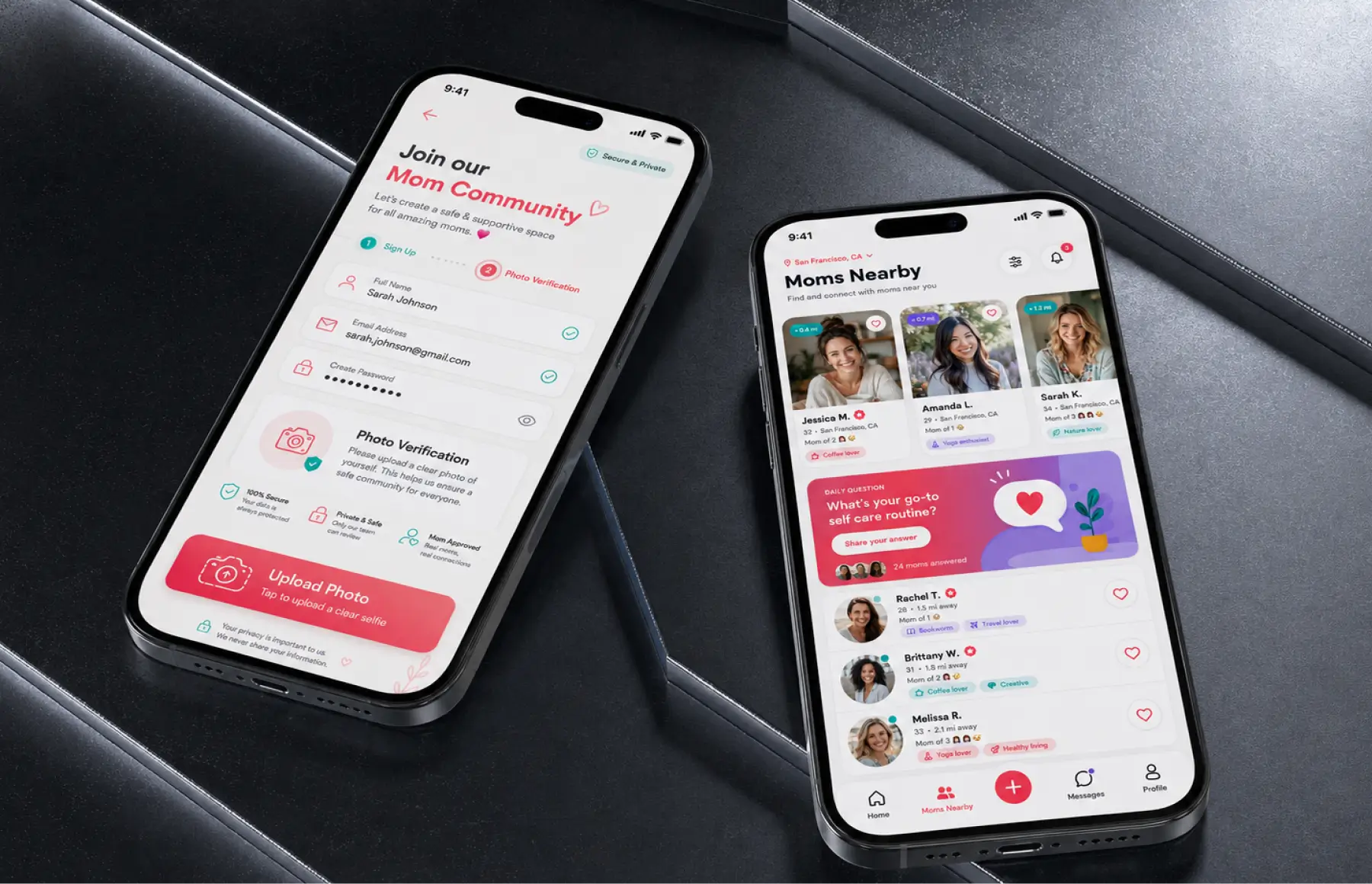 Two phones on a dark surface: the Join our Mom Community sign-up with photo verification and its secure, private and mom-approved reassurances, next to the Moms Nearby feed with profile cards, distances and the daily question card