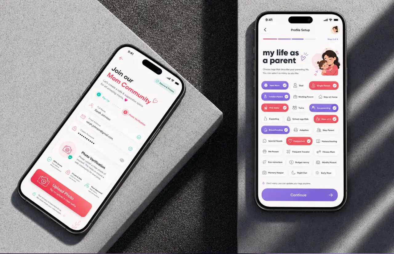 Two phones: the Join our Mom Community sign-up with name, email, password and a photo verification step marked secure and private, next to the profile setup screen headed my life as a parent, with tags like New Mom, Single Parent, Toddler Parent, Twins, Breastfeeding and Postpartum