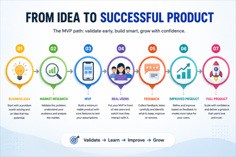 Infographic of the MVP path in seven steps: business idea, market research, MVP, real users, feedback, improved product and full product.