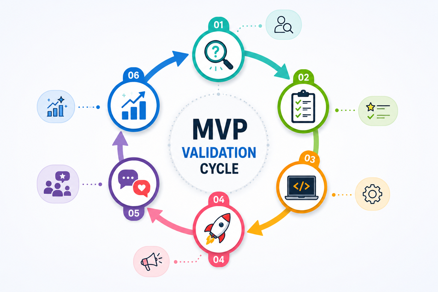 Circular diagram of the MVP validation cycle in six stages, from research and planning through building, launching, feedback and growth.