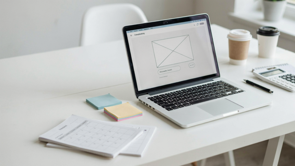 A laptop showing a website wireframe on a tidy desk with sticky notes, a planning calendar and a calculator.