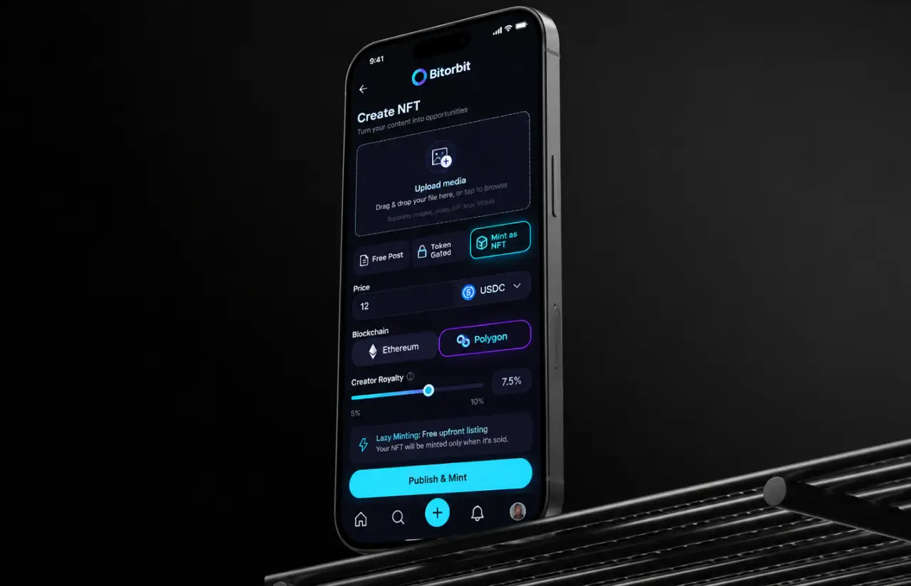 Create screen with media upload, free post, token gated and mint as NFT options, price, chain and creator royalty slider