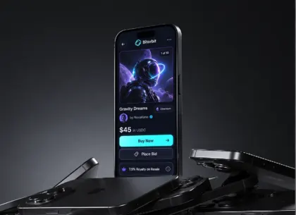 Phone showing an NFT listing priced in USDC on Ethereum, with buy now, place bid and a 7.5% resale royalty line