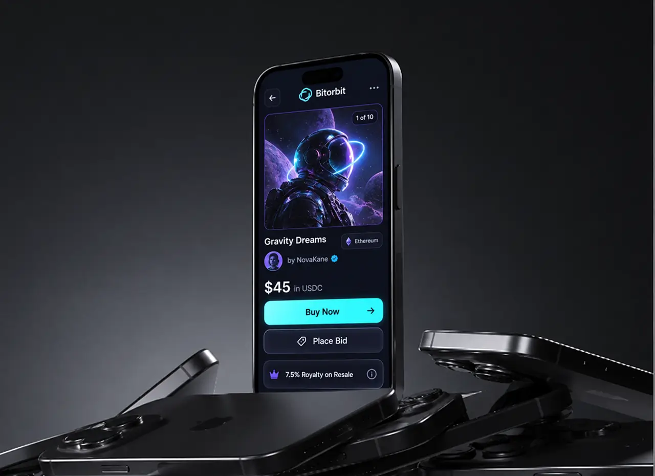 Phone showing an NFT listing priced in USDC on Ethereum, with buy now, place bid and a 7.5% resale royalty line