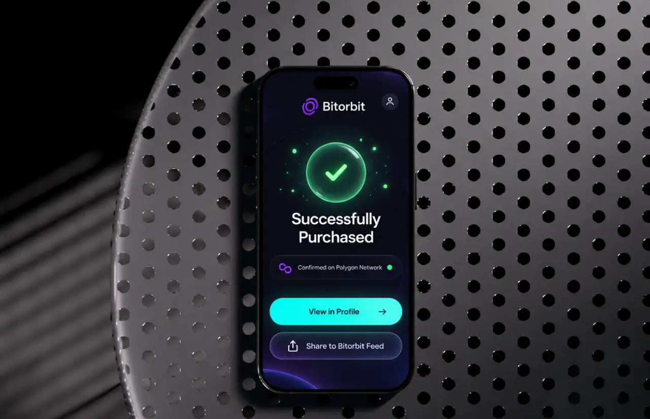 Confirmation screen reading successfully purchased, with the transaction confirmed on the Polygon network
