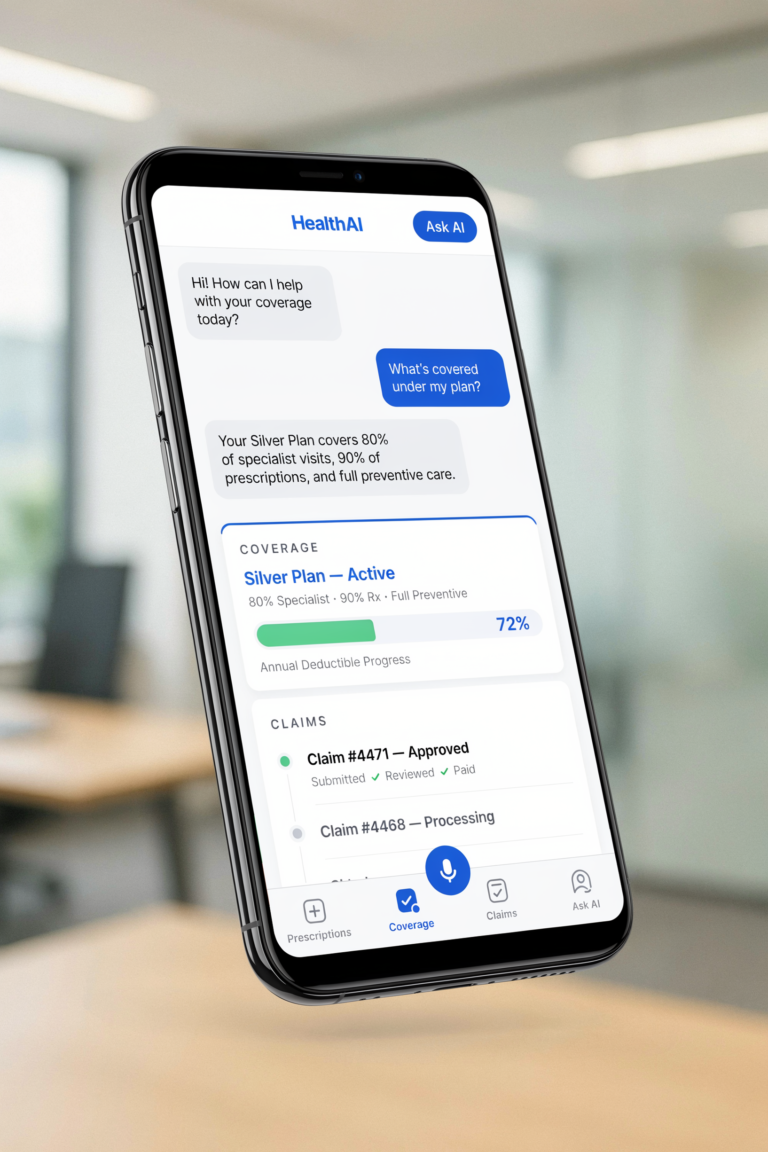 Smartphone showing a health insurance app: an AI assistant chat answering what the member's plan covers, a coverage card for an active Silver Plan with deductible progress, and a claims list showing one approved and one processing claim.