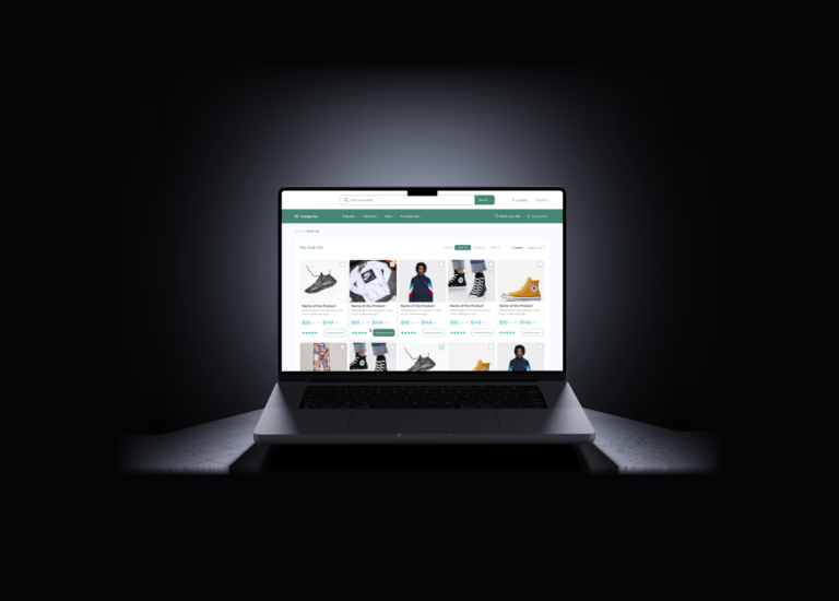 Laptop on a dark surface showing the Online Shop wish list — a grid of saved products with star ratings, price ranges and Compare price buttons, under the shop's search bar and category navigation.