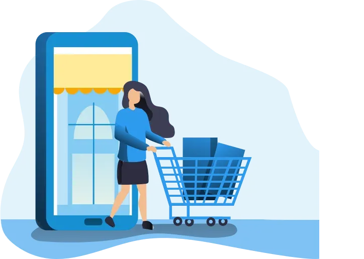 Illustration of a shopper with a trolley entering a storefront shown on a phone — the People Counter visitor-counting case