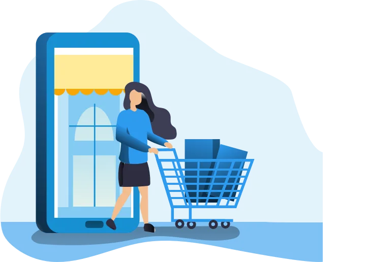 Illustration of a shopper with a trolley entering a storefront shown on a phone — the People Counter visitor-counting case