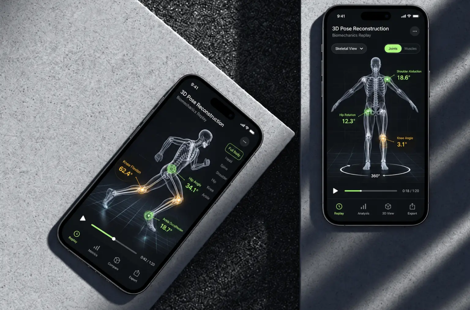 Phones showing a 3D skeleton reconstructed from a session with shoulder, hip and knee angles highlighted