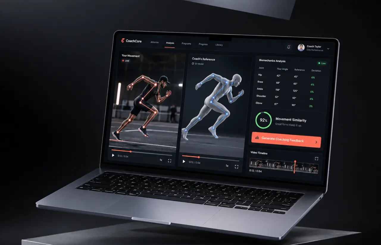 Coach dashboard comparing an athlete's sprint movement with the coach's reference, joint angle table and a 92% movement similarity score
