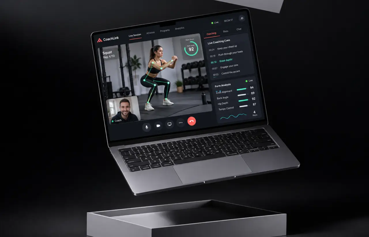 Laptop coaching view with an athlete's squat tracked by a skeleton overlay, the coach on video and a live form analysis panel