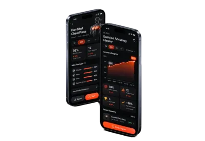 Two phones showing a dumbbell chest press breakdown with joint precision and a month of form accuracy climbing toward 98%