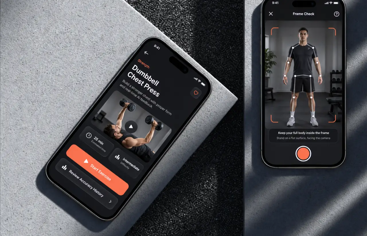 Exercise screen with the trainer's demo, duration and start button, next to a camera check confirming the whole body is in frame
