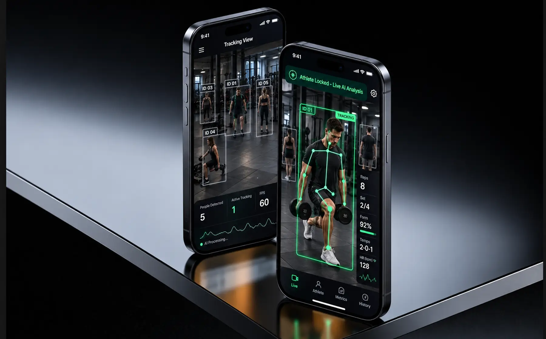 Tracking view boxing several people in a gym, next to the locked athlete with a live skeleton and rep counter