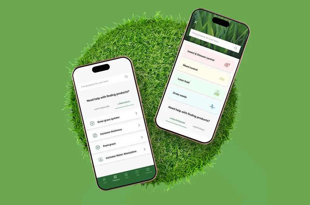 Two phone screens on a ball of grass: one lists lawn goals such as growing grass quicker and increasing thickness, the other lists lawn problems — insect and disease control, weed control, lawn food, grass seeds