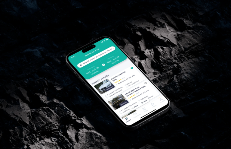 Rent&Share app on a smartphone: a car search screen with pick-up location and rental dates, and result cards listing available cars with their price per day.