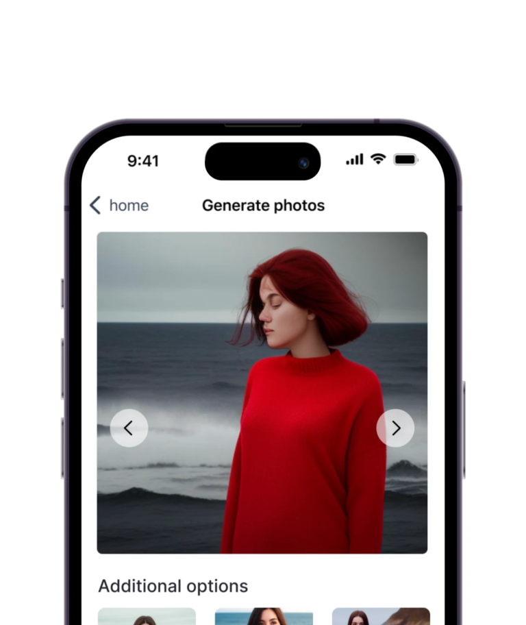 Phone screen headed Generate photos, showing an AI-generated product photograph of a model in a red sweater on a grey shoreline, with arrows to page between shots and a row of additional options below
