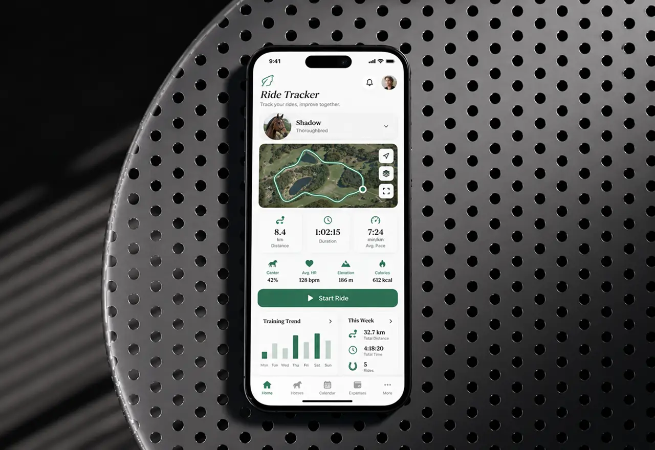 Phone on perforated metal showing a ride tracker: a route on a satellite map, distance, duration and pace, heart rate, elevation and calories, and a weekly training trend