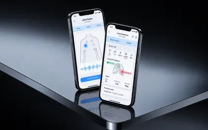 Two phones showing the remote patient monitoring app: a numbered body map for lung auscultation with a live waveform and a pause recording button, next to a session history card with vitals, a lung mini-diagram marking one zone normal and one abnormal, heart BPM, murmurs and rhythm, and a free text note