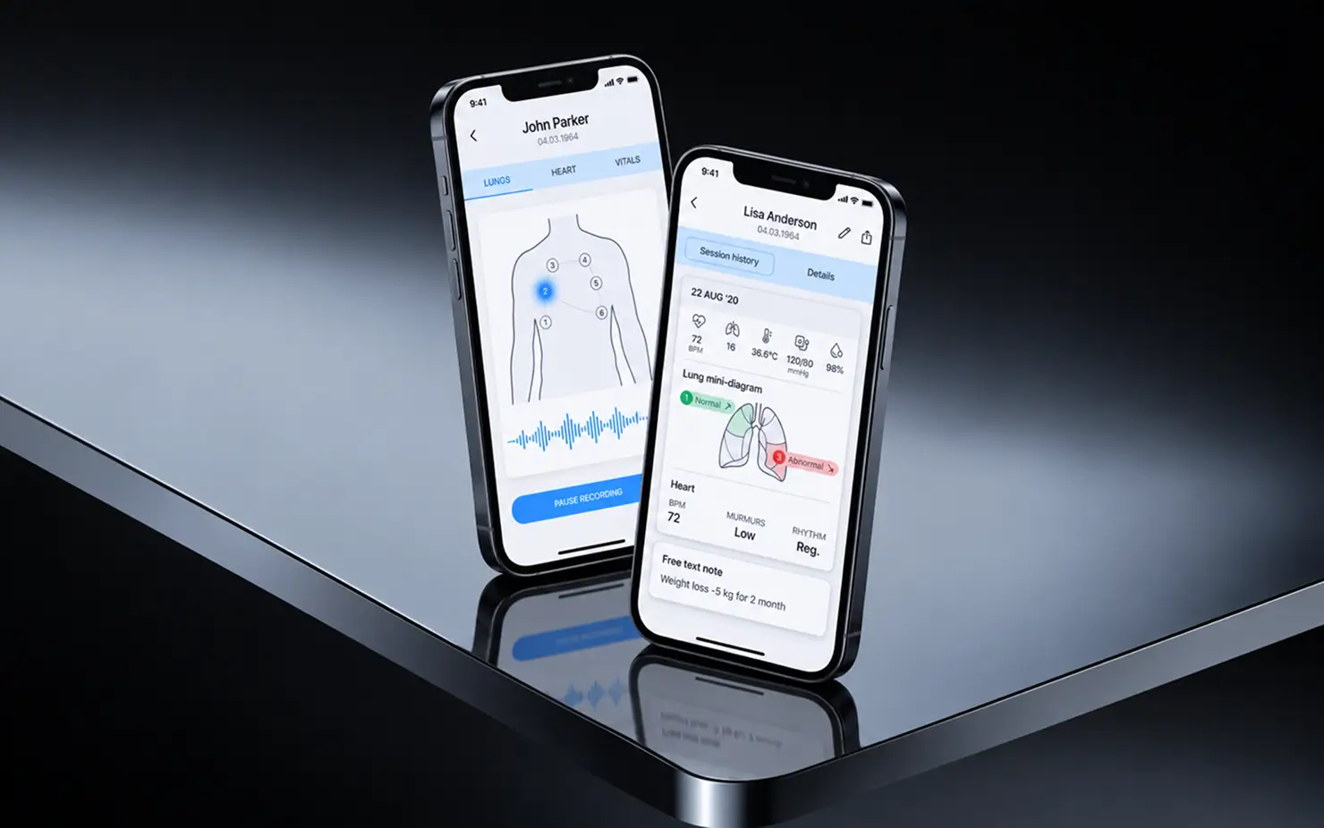 Two phones showing the remote patient monitoring app: a numbered body map for lung auscultation with a live waveform and a pause recording button, next to a session history card with vitals, a lung mini-diagram marking one zone normal and one abnormal, heart BPM, murmurs and rhythm, and a free text note