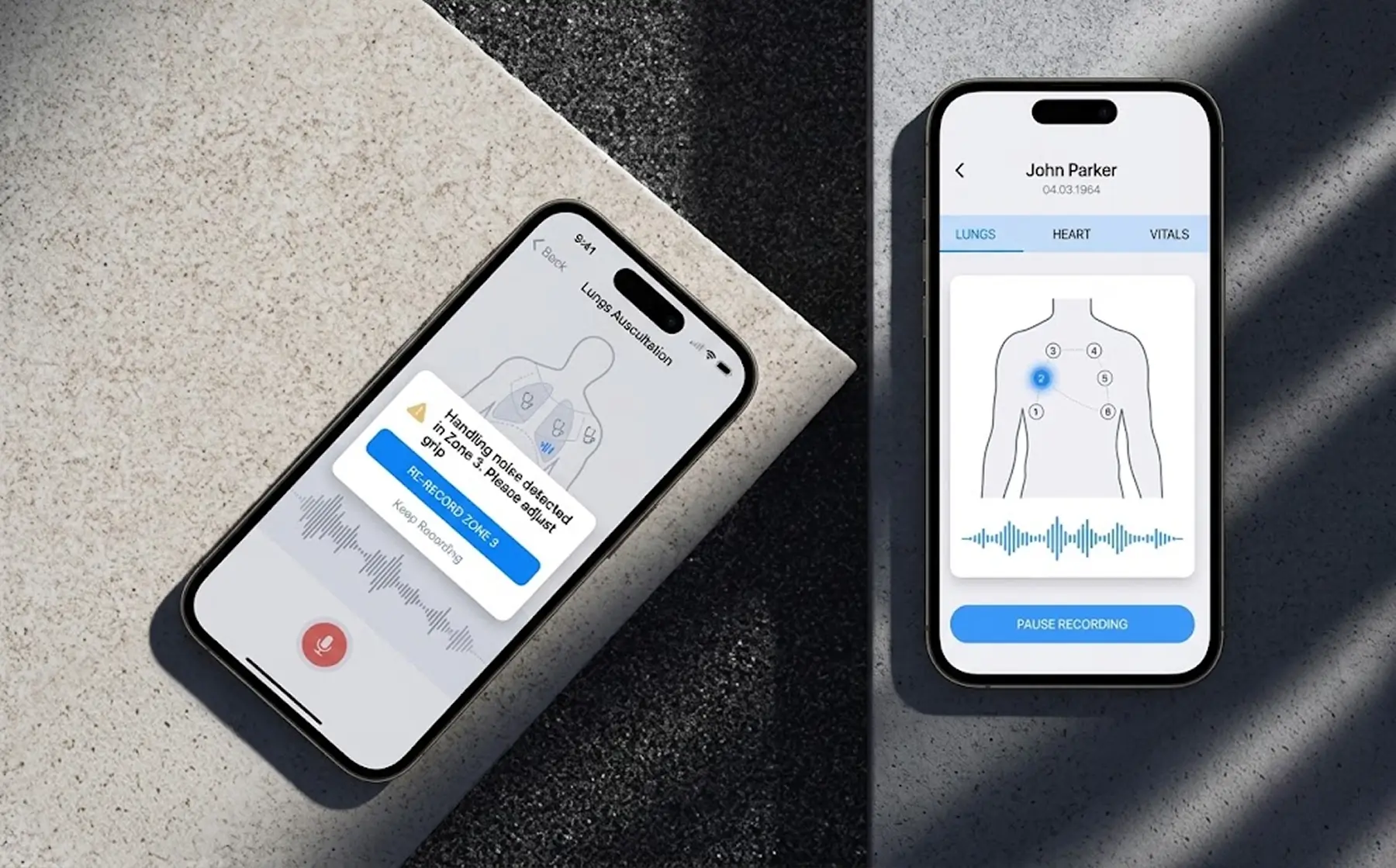 Two phones showing lung auscultation: one with a warning that handling noise was detected in zone three and options to re-record that zone or keep the recording, the other with the numbered body map and a live waveform