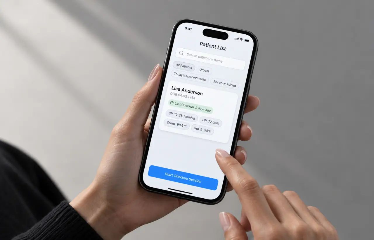 A phone showing the patient list with a search field and filters for all patients, urgent, today's appointments and recently added, above a patient card with date of birth, last checkup two days ago and the latest vitals