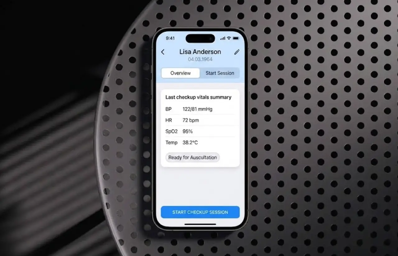 A phone showing a patient overview with the last checkup vitals summary — blood pressure, heart rate, SpO2 and temperature — marked ready for auscultation, above a start checkup session button