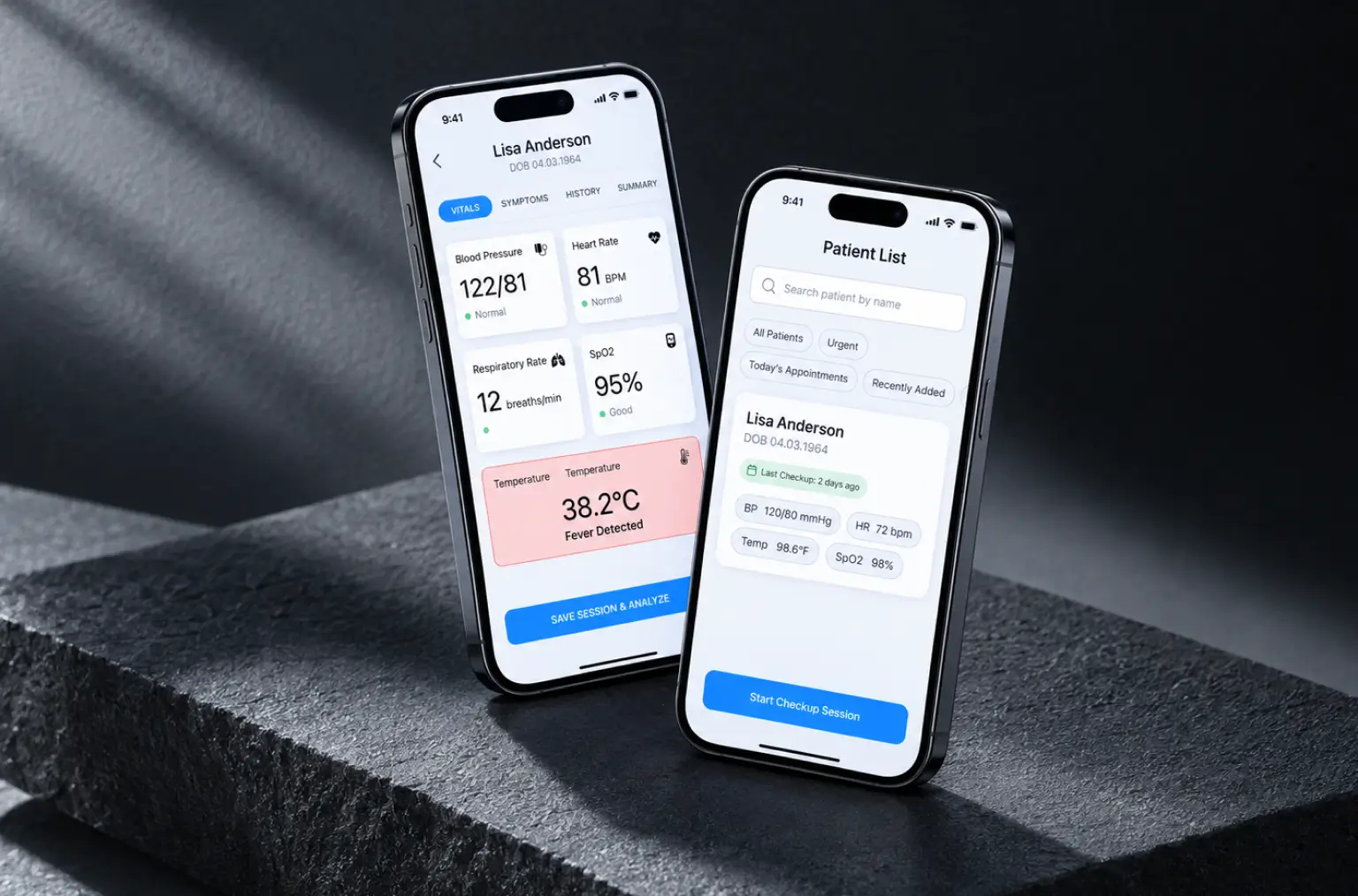 Two phones: the vitals tab with blood pressure 122/81, heart rate 81 bpm, respiratory rate 12, SpO2 95% and a temperature of 38.2 °C flagged as fever detected, next to the patient list with the latest checkup summary
