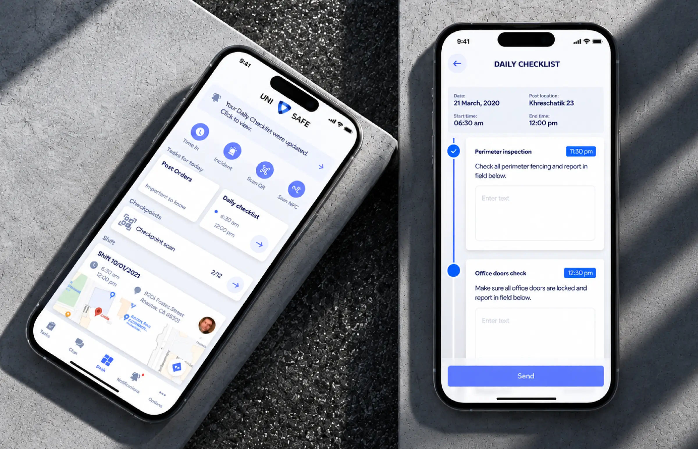 Two phones on concrete, one with the guard app home screen and one with a daily checklist of timed patrol steps and report fields