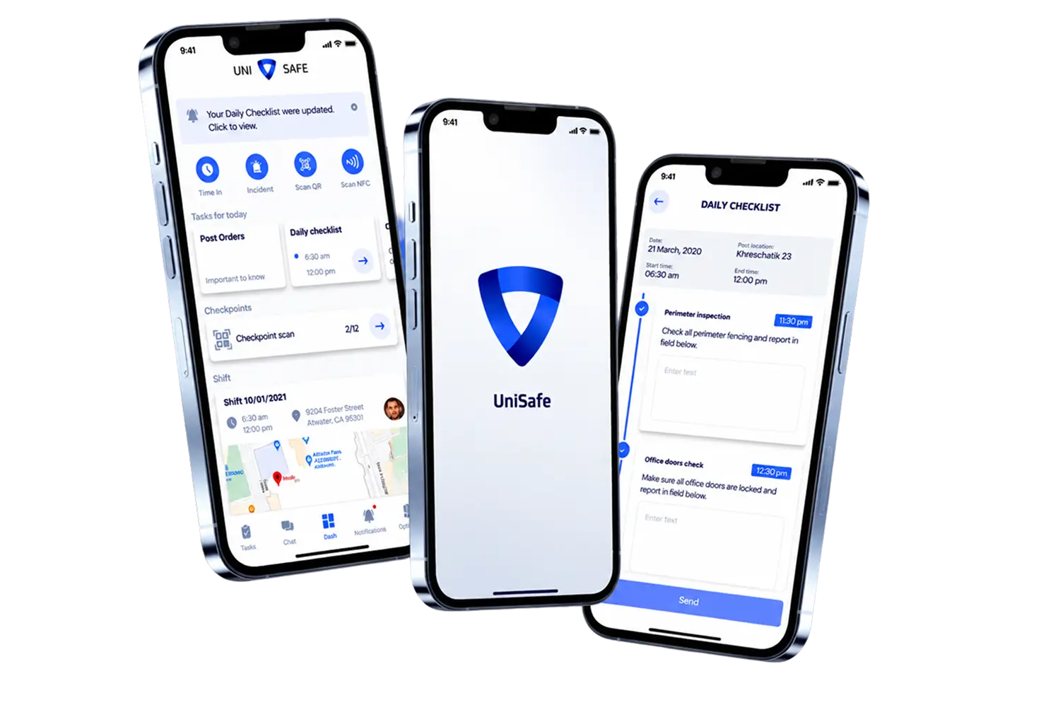 Three phones showing a security guard app home screen with shift tasks and QR and NFC checkpoint scanning, a splash screen and a daily checklist form