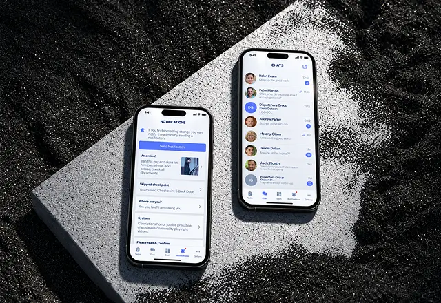 Two phones showing guard app notifications with a skipped checkpoint alert and a chat list with dispatcher and inspector groups